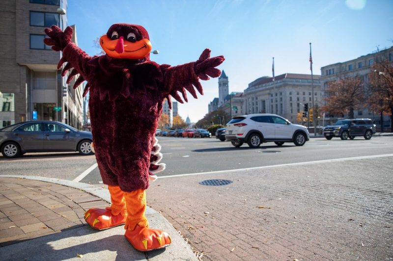 The HokieBird stands arms outstretched on the street in DC